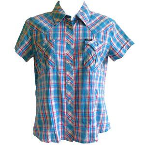 Vintage Lee Western Flush Shirt Pearl Snap Blue Red Plaid Peaked Yokes Fitted S